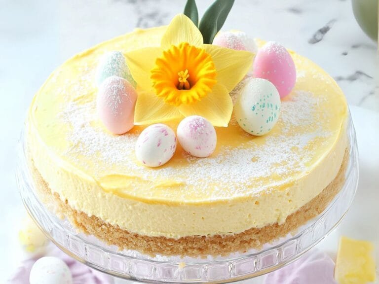 Easter cheesecake topped with a yellow daffodil, speckled pastel candy eggs, and powdered sugar on a glass cake stand.