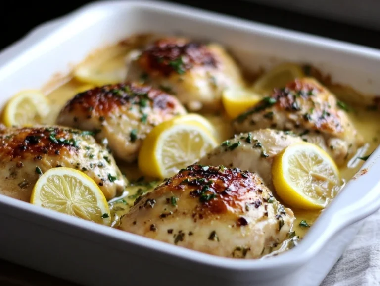Juicy baked chicken thighs garnished with lemon slices and fresh herbs in a white baking dish.