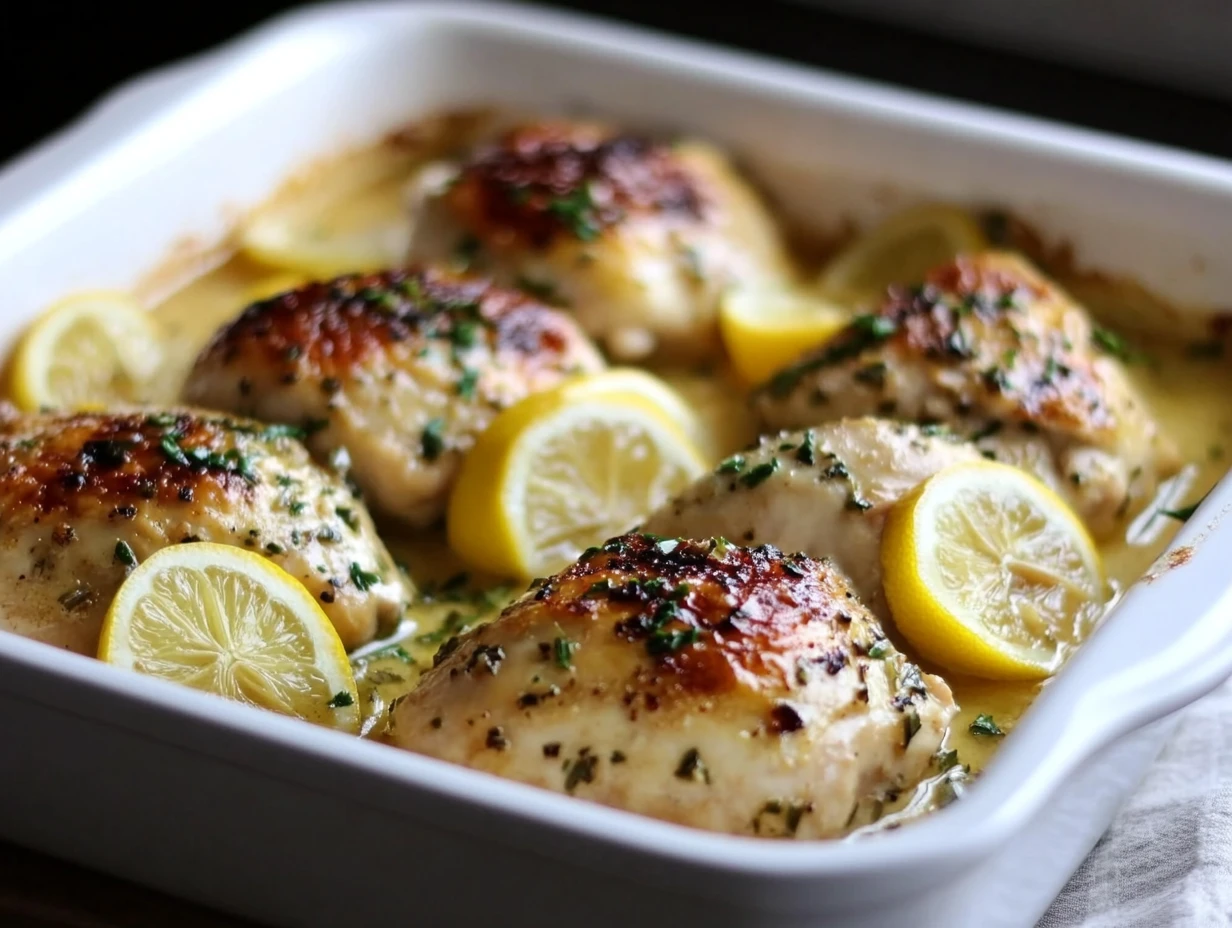 Juicy baked chicken thighs garnished with lemon slices and fresh herbs in a white baking dish.