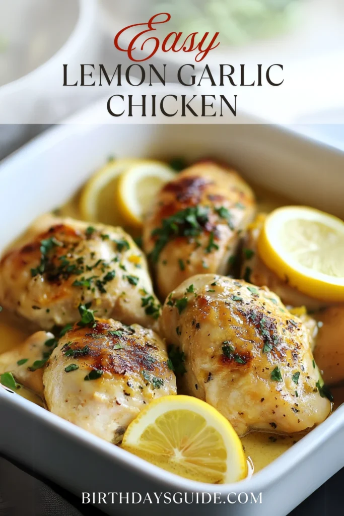 Close-up of golden-baked lemon garlic chicken topped with fresh herbs and lemon slices in a ceramic baking dish.