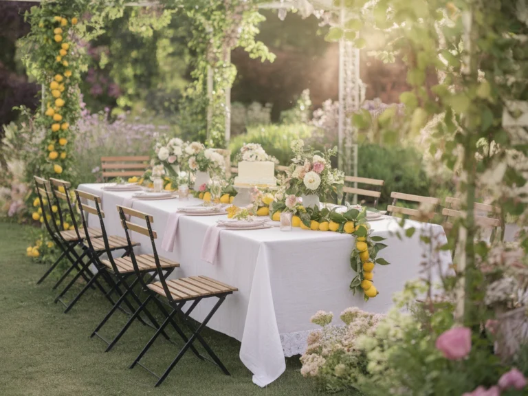 An elegant outdoor brunch setup for a lemon-themed birthday celebration. The table is adorned with white linens, lemon garlands, floral centerpieces, and wooden chairs against a lush garden backdrop.