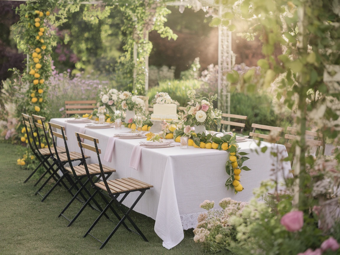 An elegant outdoor brunch setup for a lemon-themed birthday celebration. The table is adorned with white linens, lemon garlands, floral centerpieces, and wooden chairs against a lush garden backdrop.