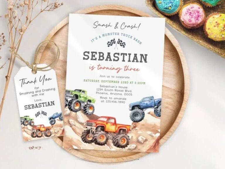 Personalized monster truck birthday invitation and thank-you tag featuring colorful trucks and bold party details.