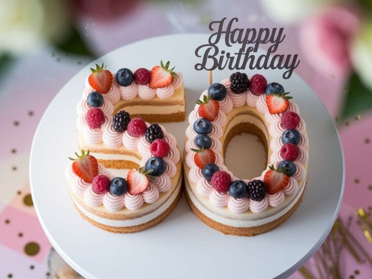 Number-shaped 50th birthday cake with pink frosting and fresh berries on top.