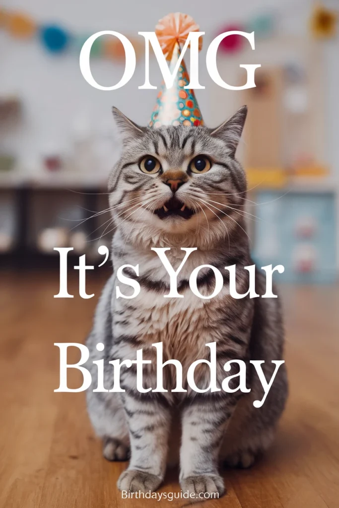 Surprised-looking tabby cat wearing a colorful party hat, sitting indoors on a wooden floor with birthday decorations in the background. Large white text overlay reads "OMG It's Your Birthday" with a footer that says "Birthdaysguide.com."