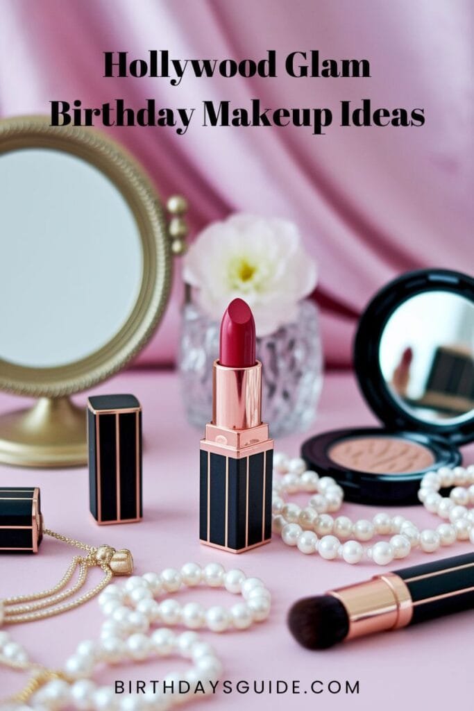 A vintage-inspired flat lay featuring a bold red lipstick, pearl jewelry, a gold mirror, and classic makeup essentials, set against a soft pink background for an Old Hollywood Glam birthday makeup theme.
