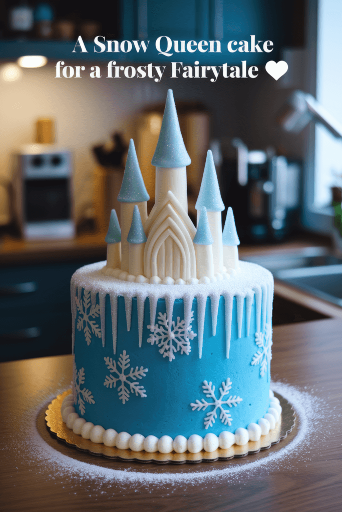 A blue Snow Queen or Frozen Princess themed birthday cake featuring an edible ice castle, sugar snowflakes, and icicle decorations. A perfect winter princess cake idea.