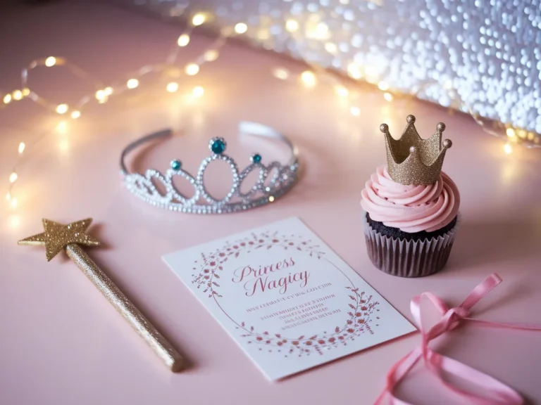 Princess birthday party setup with a tiara, magic wand, cupcake with a crown, and an elegant invitation on a pink table with fairy lights.