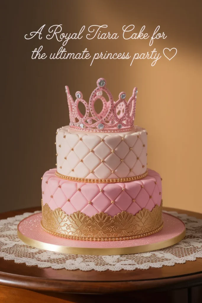 A luxurious two-tiered princess tiara cake with quilted fondant, gold accents, and an elegant pink sugar tiara topper. Perfect for a royal-themed birthday party or princess celebration.