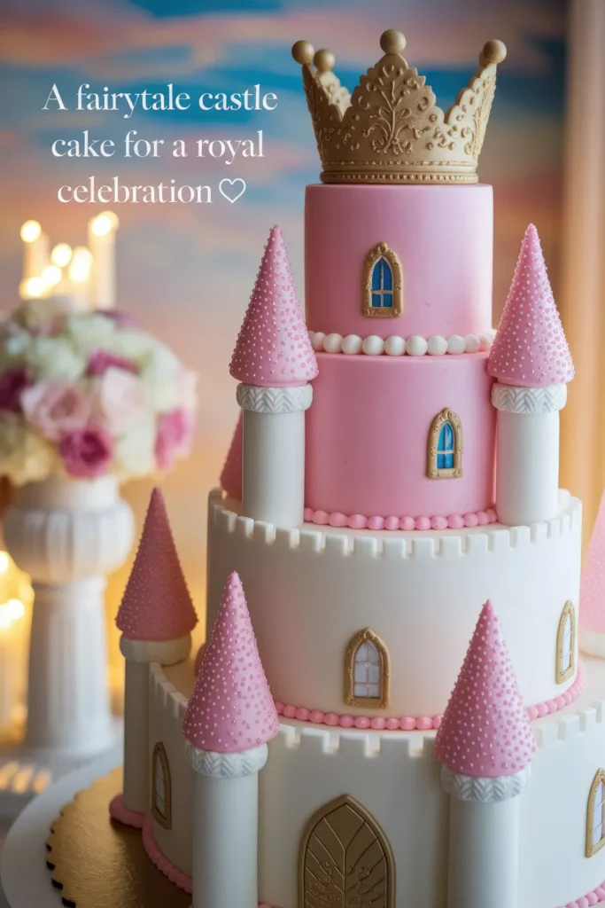  A stunning **fairy tale castle cake** decorated with pink and white fondant, gold-trimmed windows, pearl details, and a regal gold crown topper. A perfect centerpiece for a **princess-themed birthday party** or **royal celebration**.