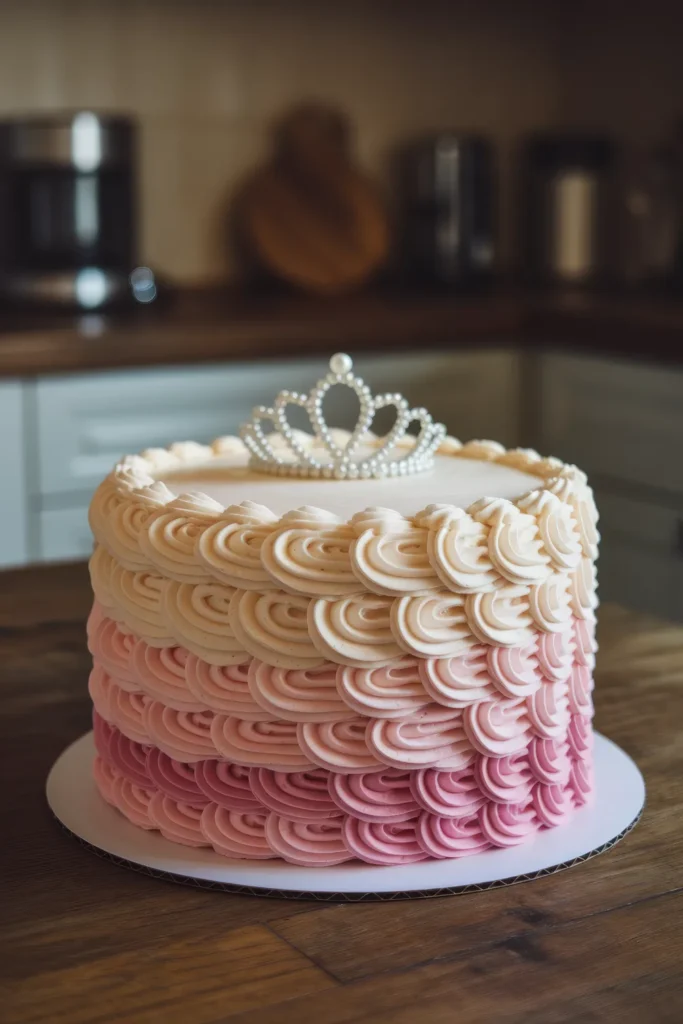 A princess-themed birthday cake with pink ombré frosting swirls and a pearl-studded tiara topper, placed on a wooden kitchen counter.