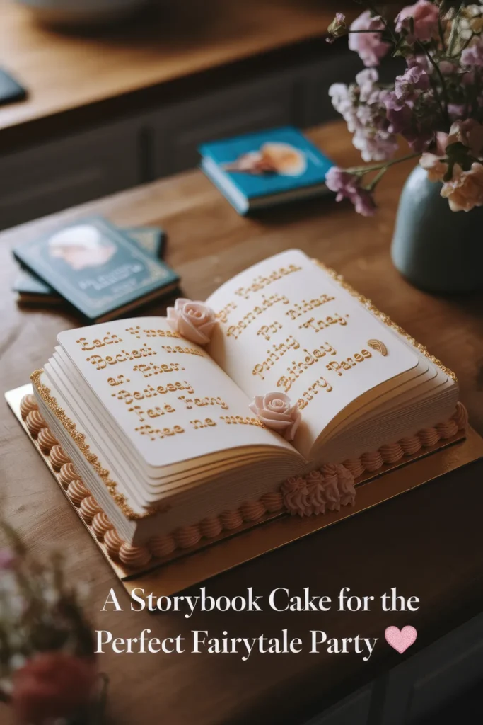 **Alt Text:** A beautifully designed **storybook cake** with edible pages, gold lettering, and delicate sugar roses, perfect for a **fairy tale-themed birthday party or princess celebration**.