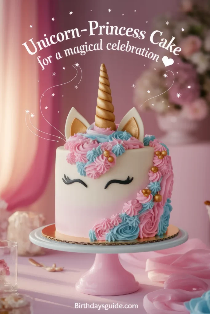 A pastel-colored unicorn princess cake decorated with buttercream flowers, a golden horn, and fondant ears. A whimsical birthday cake idea.