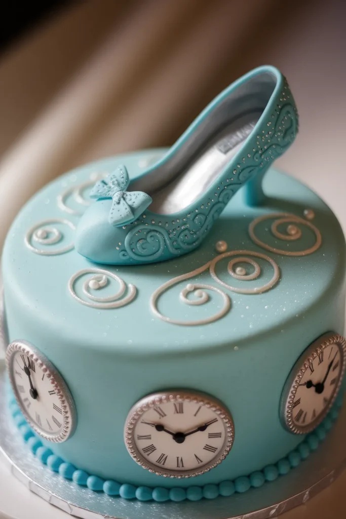 A **Cinderella-inspired birthday cake** decorated in light blue fondant with silver swirl details, elegant clock faces set near midnight, and a stunning edible glass slipper topper. A perfect cake for a **princess or fairy tale-themed celebration**.