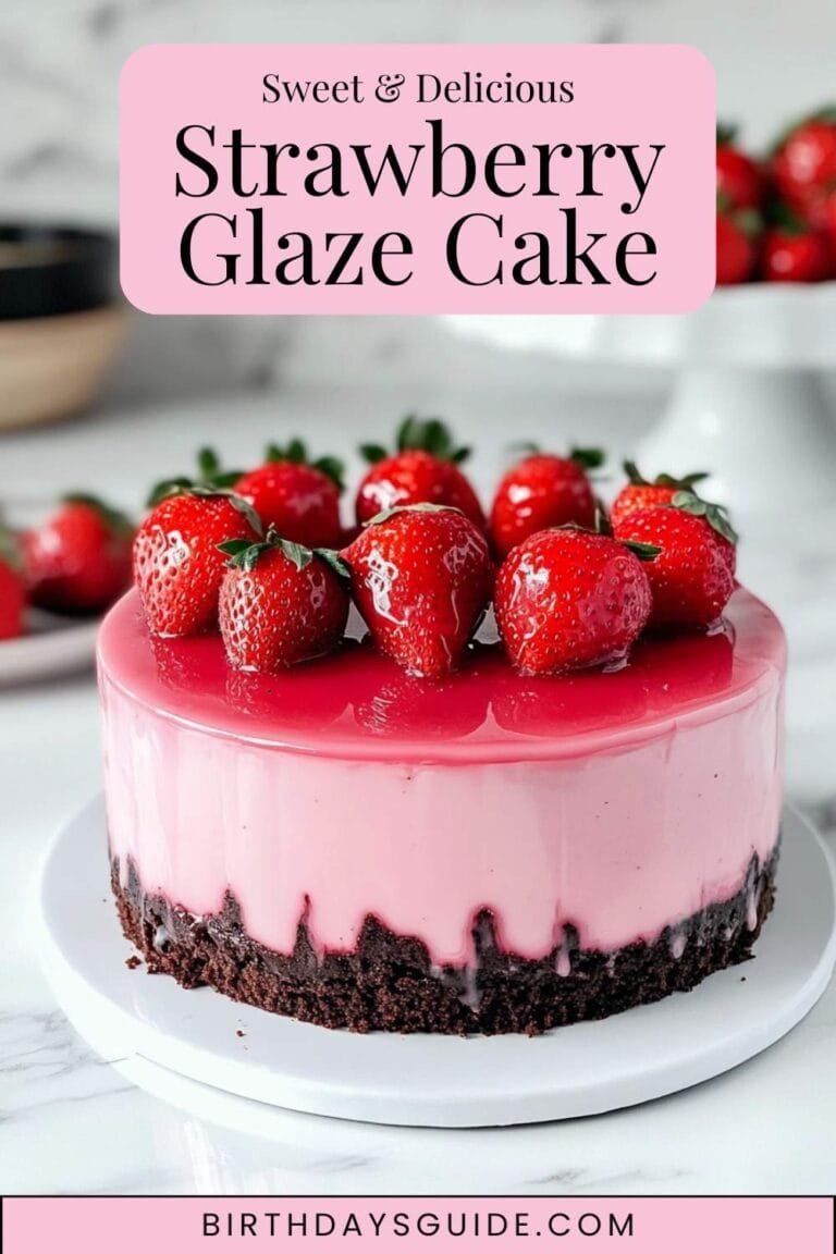 A beautifully decorated strawberry glaze cake with a chocolate base, smooth pink mousse, and a glossy strawberry mirror glaze, topped with fresh strawberries.