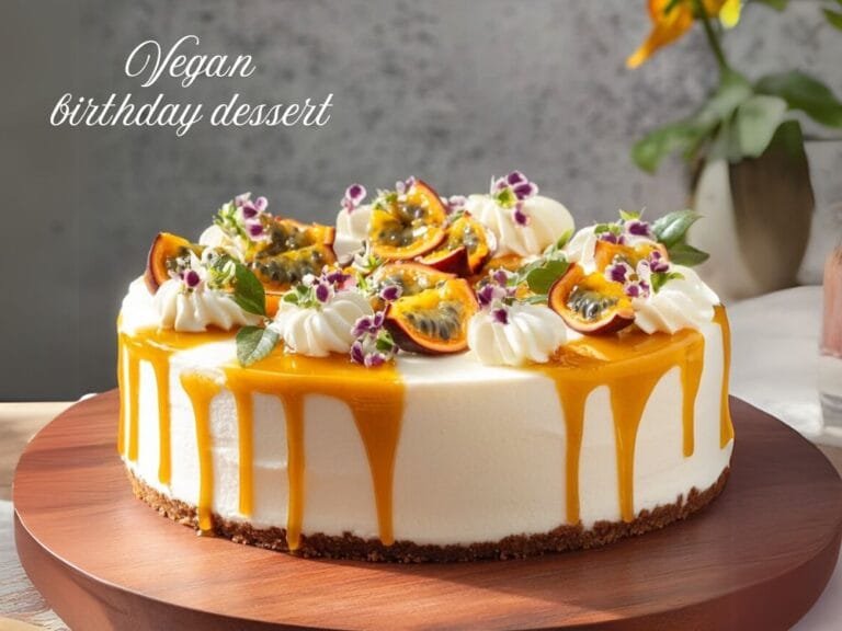 A beautifully decorated vegan citrus and passionfruit cake with a creamy white frosting, passionfruit glaze dripping down the sides, and topped with fresh passionfruit, whipped cream, and edible flowers, sitting on a wooden cake stand.