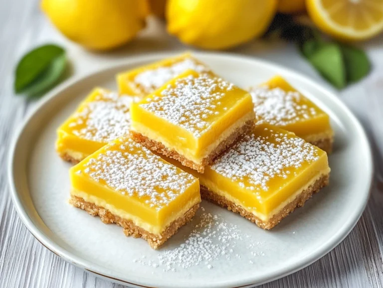 Vegan lemon bars topped with powdered sugar on a white plate, with fresh lemons in the background.