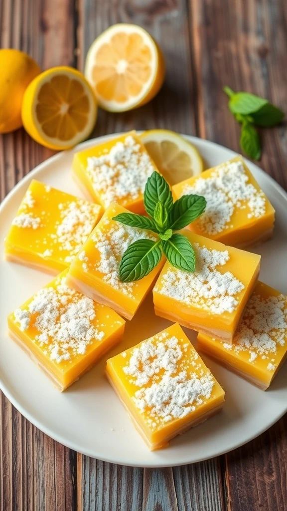Bright vegan lemon bars topped with powdered sugar and fresh mint, arranged on a white plate with halved lemons on a rustic wooden table.