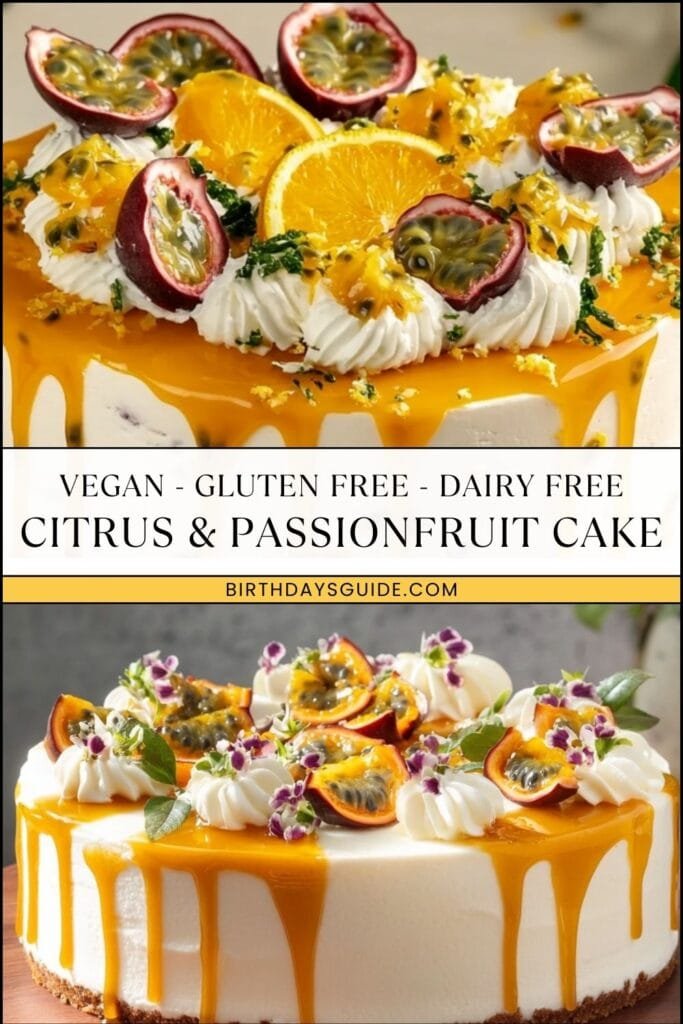 A beautifully decorated vegan citrus and passionfruit cake with a creamy white frosting, passionfruit glaze, and topped with fresh passionfruit, orange slices, whipped cream, and edible flowers. The cake sits elegantly on a wooden cake stand.