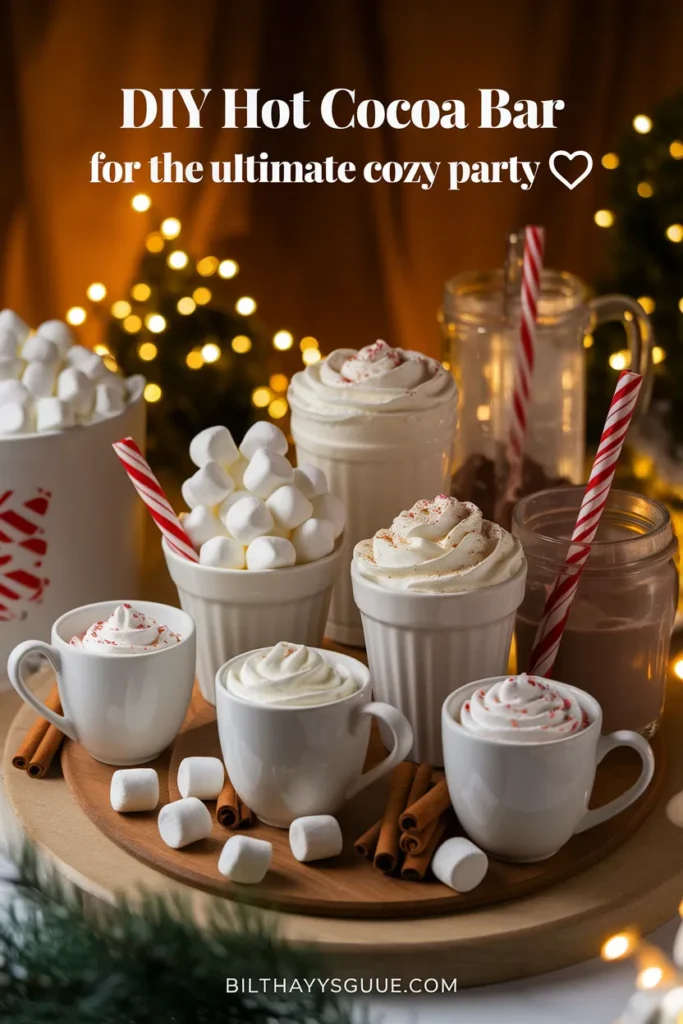A pastel-toned cozy winter birthday party table with hot cocoa, cupcakes, fairy lights, and soft blankets.