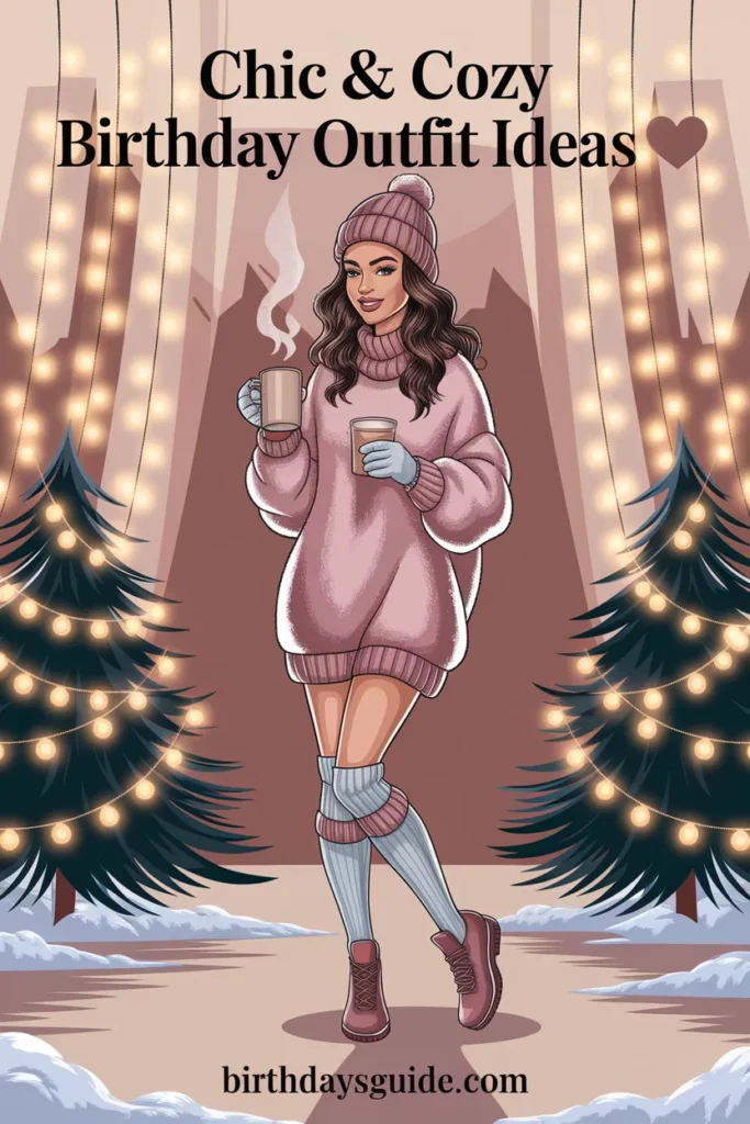Illustrated woman in a cozy oversized sweater, knee-high socks, and a beanie, holding a steaming cup of hot cocoa in a festive winter setting with twinkling fairy lights and snow-covered trees.