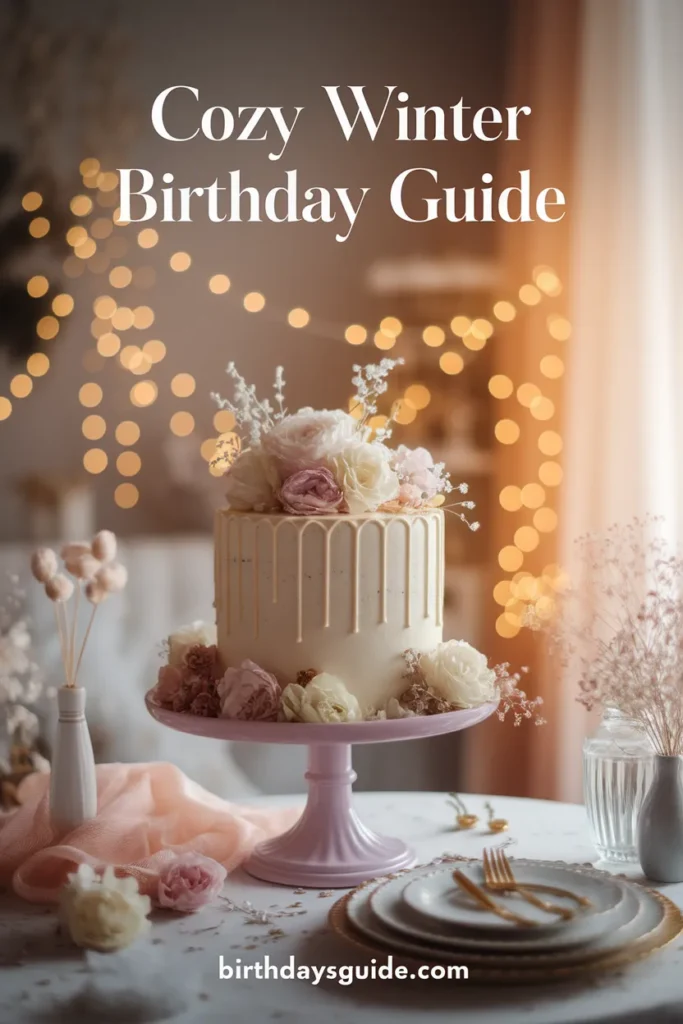 Elegant winter birthday cake with floral decorations, white drip icing, and a pastel pink cake stand, surrounded by warm fairy lights and soft decor.