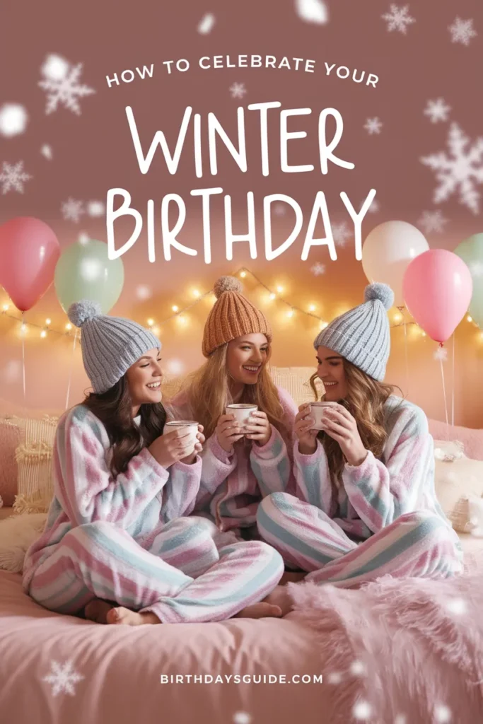 Three friends in matching cozy pajamas, sipping hot cocoa in a warm, festive birthday setting with fairy lights and balloons.