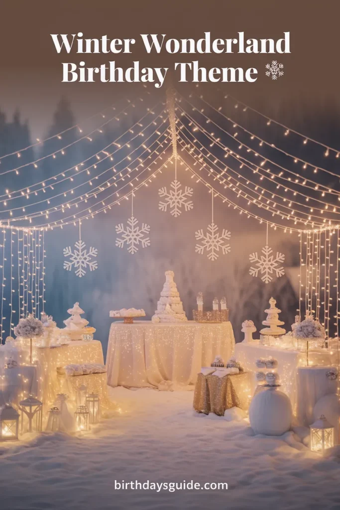 A breathtaking winter wonderland birthday party setup with twinkling lights, white and gold decor, and snowflake-themed decorations.