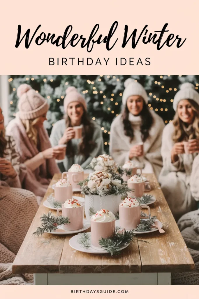 A winter-themed birthday celebration with a cozy table setup featuring hot chocolate, festive decorations, and friends in knitwear.