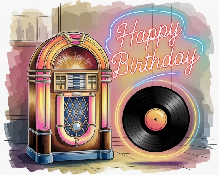 A watercolor painting of a vintage jukebox playing music, a spinning record, and a glowing neon 'Happy Birthday' sign in the background. Soft pink, gold, and pastel blue hues create a nostalgic and festive vibe