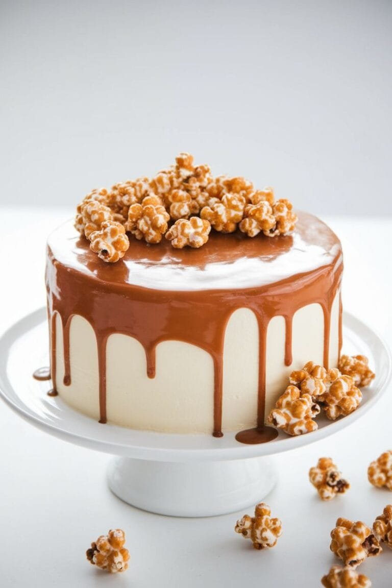 Layered caramel cake with pear filling, smooth buttercream, and caramel popcorn topping