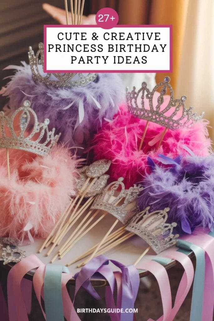 Sparkling tiaras, fluffy feather boas, and princess-themed party props in pink and purple. Fun and creative princess birthday party decorations.