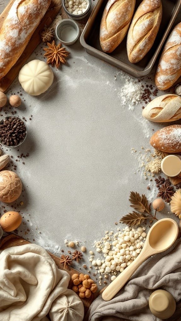 Assortment of artisan bread loaves and baking ingredients like flour, eggs, and spices arranged in a flat lay with a space in the center.