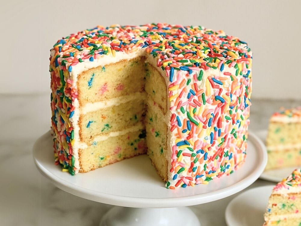 Close-up of a three-layer Funfetti cake with a slice removed, showing light yellow cake layers with colorful confetti sprinkles. The cake is frosted with white buttercream and covered in a generous amount of rainbow sprinkles. It's displayed on a white pedestal cake stand against a neutral background.