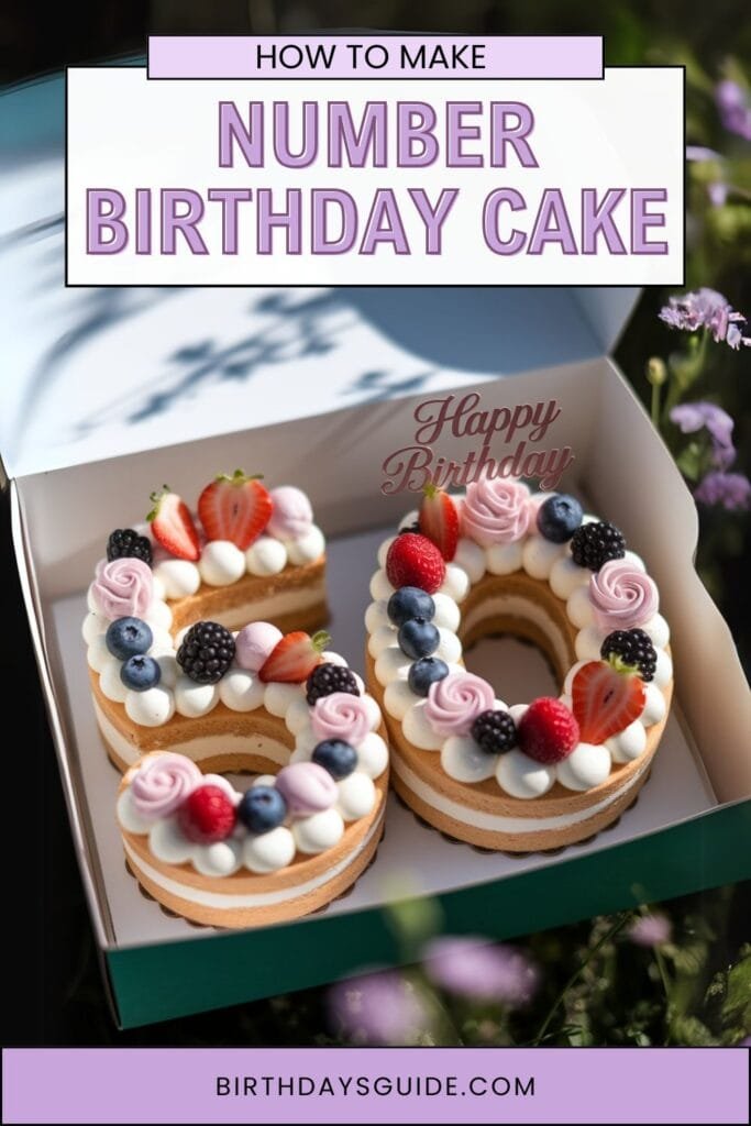 Beautifully boxed number 50 birthday cake with fresh fruit and piped frosting.