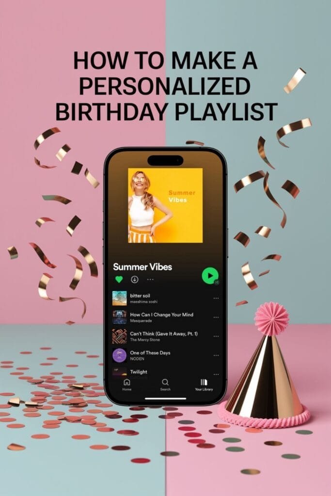 A digital graphic with a split pink and blue background features the text 'HOW TO MAKE A PERSONALIZED BIRTHDAY PLAYLIST' in bold black uppercase letters. Below the text, a smartphone displays a Spotify playlist titled 'Summer Vibes,' featuring a bright yellow cover image of a smiling woman wearing sunglasses. Around the phone, gold and rose gold confetti ribbons float in the air, and a metallic party hat with a pink pom-pom sits on the surface. The scene is festive and celebratory, evoking a fun and upbeat birthday atmosphere