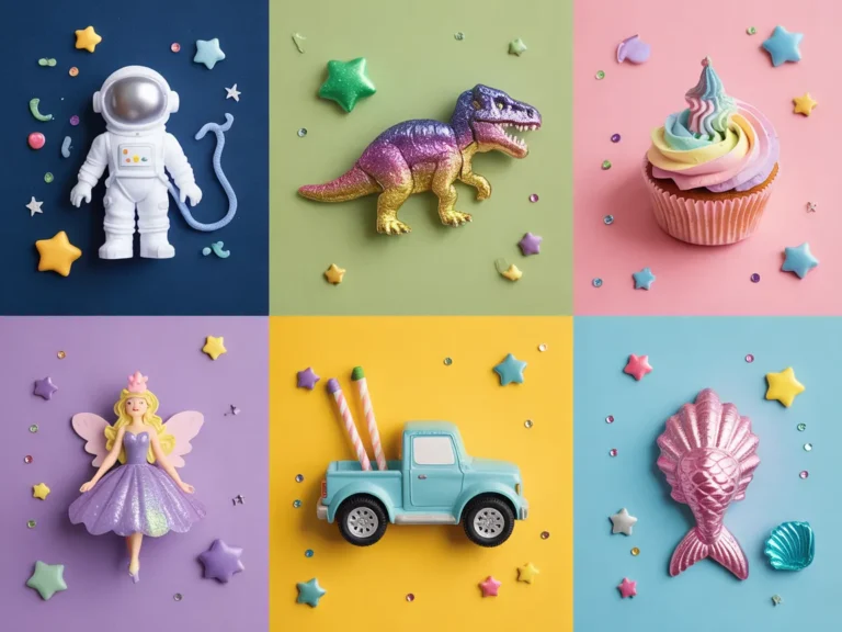 Colorful flat lay of kids’ party theme icons, including astronaut, dinosaur, rainbow cupcake, fairy, truck, and mermaid tail on pastel backgrounds