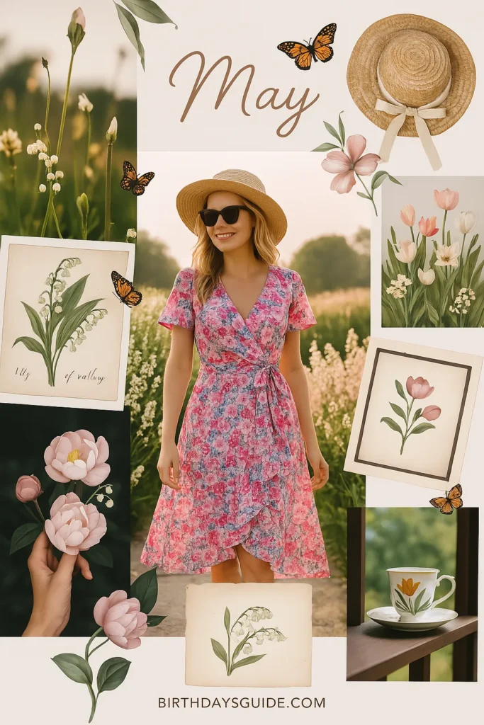 A woman with blonde hair wearing a pink floral wrap dress, sunglasses, and a straw hat, standing in a field of flowers. The image has a collage aesthetic with illustrations of flowers, butterflies, and a teacup, along with the word "May" written in a stylized script.