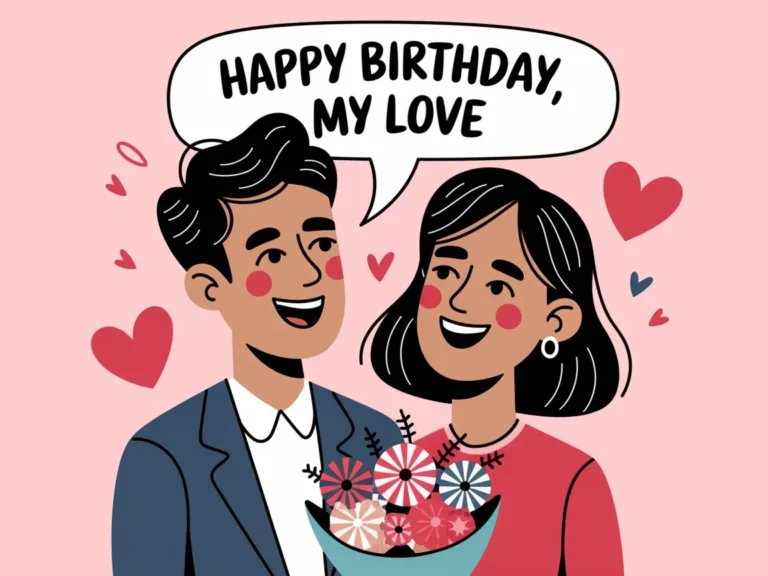 Cartoon couple smiling with hearts and flowers, saying “Happy Birthday, My Love” – perfect for happy birthday wishes