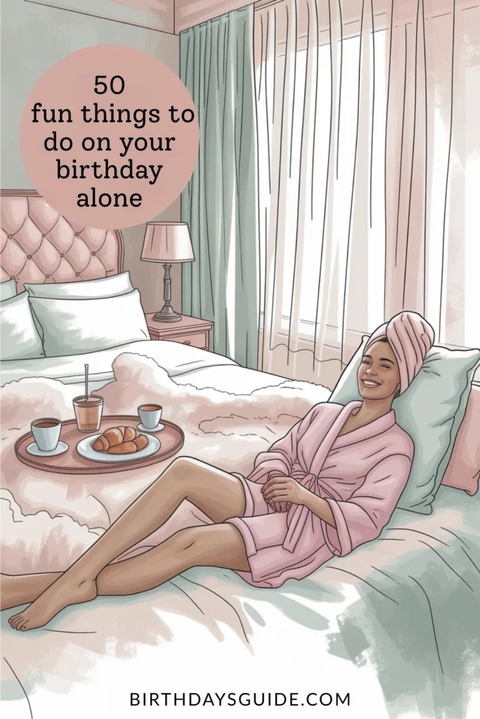 Woman relaxing in a cozy pastel bedroom with breakfast in bed, wearing a pink robe and towel wrap.