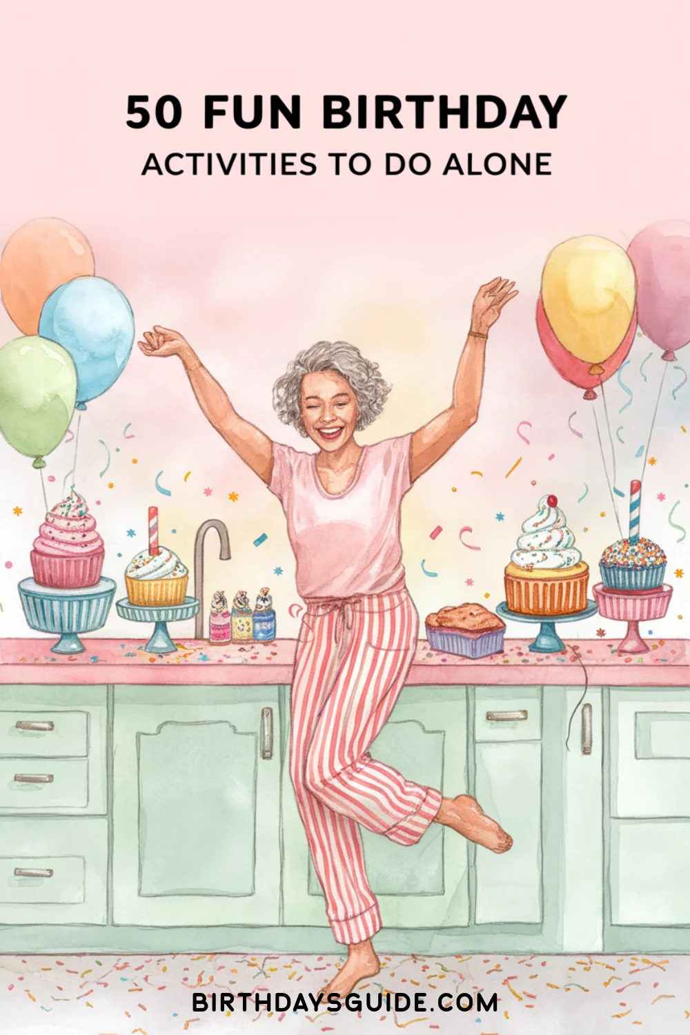 Happy older woman celebrating alone in a colorful kitchen with balloons, cupcakes, and confetti.