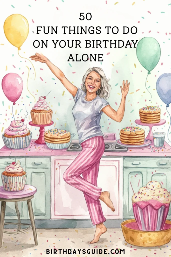 Smiling woman dancing barefoot in a kitchen surrounded by oversized cupcakes, balloons, and birthday treats.