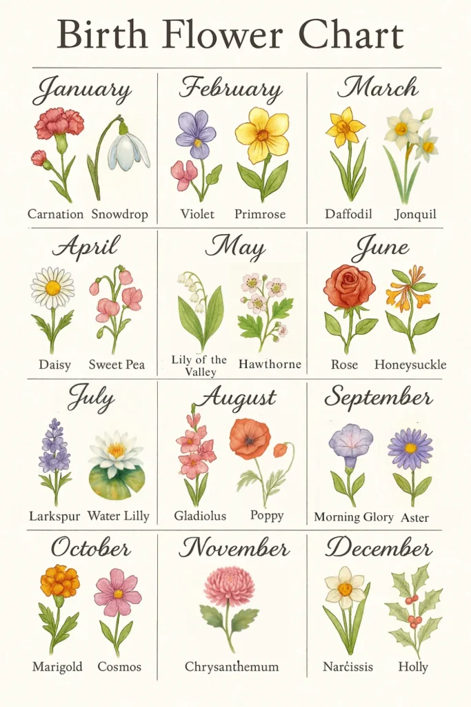 Illustrated Birth Flower Chart displaying two flowers for each month of the year. January: Carnation and Snowdrop. February: Violet and Primrose. March: Daffodil and Jonquil. April: Daisy and Sweet Pea. May: Lily of the Valley and Hawthorne. June: Rose and Honeysuckle. July: Larkspur and Water Lily. August: Gladiolus and Poppy. September: Morning Glory and Aster. October: Marigold and Cosmos. November: Chrysanthemum. December: Narcissus and Holly. Each flower is colorfully hand-drawn in a whimsical, botanical style
