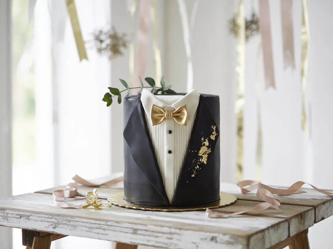 Tuxedo-themed Guinness chocolate cake with gold "Happy Birthday John" topper, ideal for stylish celebrations.