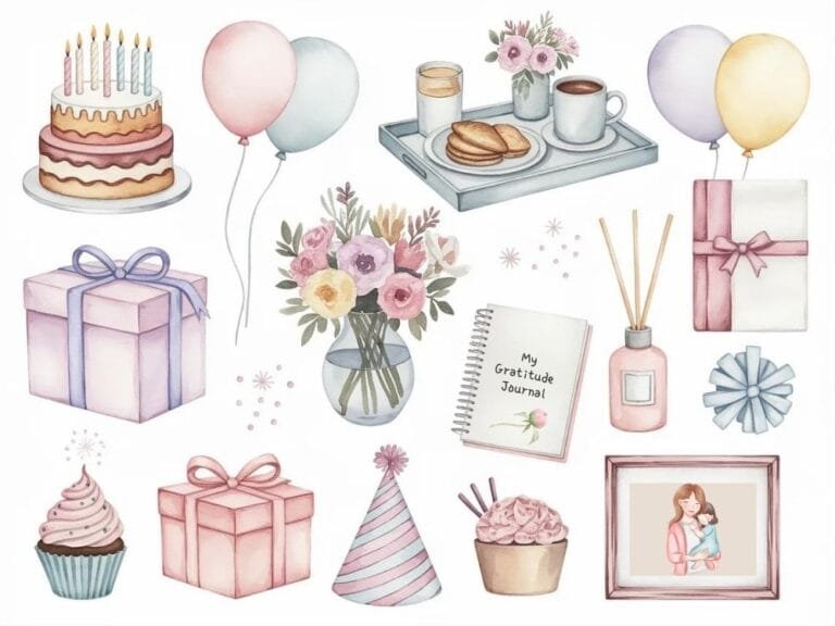 Watercolor illustrations of birthday celebration elements including balloons, flowers, breakfast in bed, gifts, a journal, diffuser, and a framed photo—representing joyful self-care rituals for birthday week.