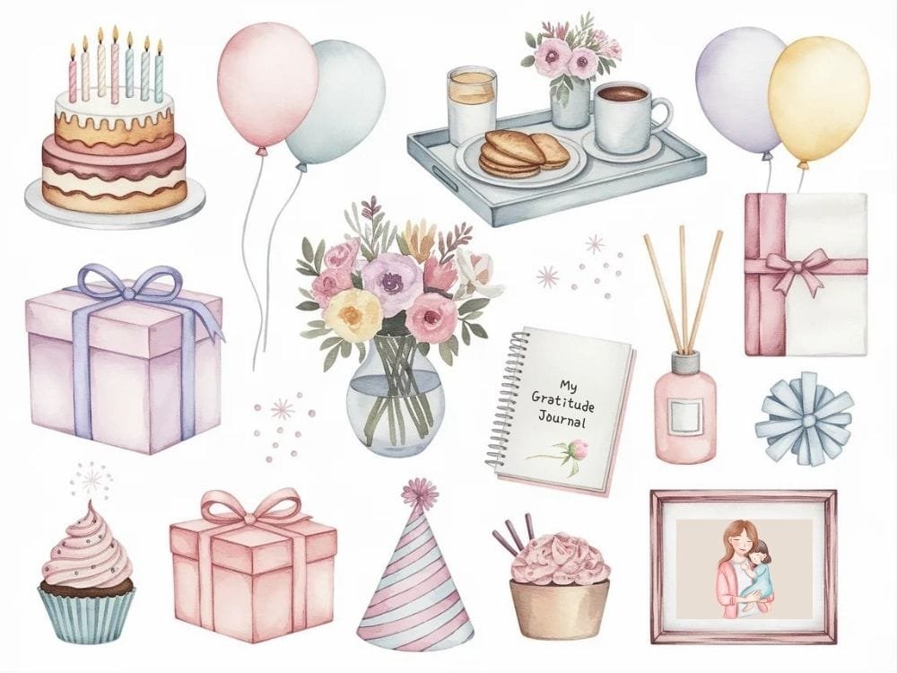 Watercolor illustrations of birthday celebration elements including balloons, flowers, breakfast in bed, gifts, a journal, diffuser, and a framed photo—representing joyful self-care rituals for birthday week.