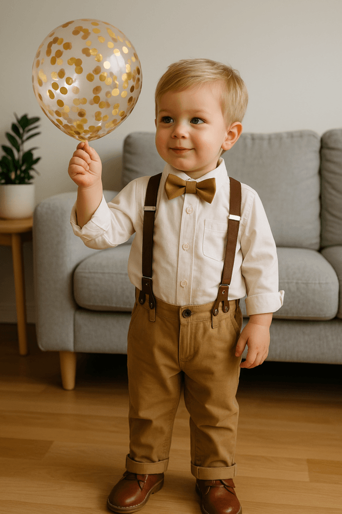 boy dressed in a stylish birthday outfit with tan pants, brown suspenders, a white button-up shirt, and a matching brown bow tie, holding a gold confetti balloon and smiling in a cozy living room setting.