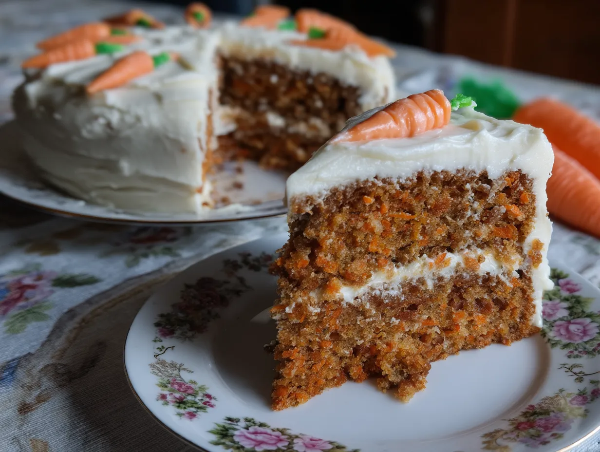 A close-up of a moist slice of carrot cake with cream cheese frosting, topped with a small marzipan carrot, served on a floral-patterned plate. The whole cake, decorated with more marzipan carrots, sits behind it on a matching serving plate.