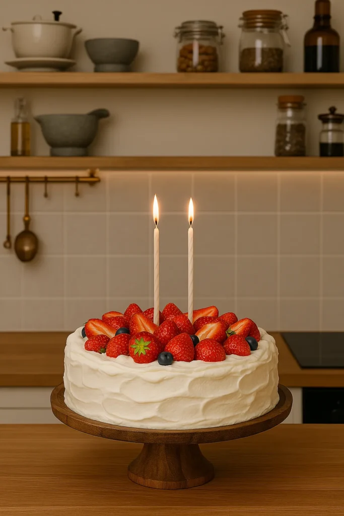 A round strawberry birthday cake with whipped cream frosting, decorated with whole and halved strawberries, blueberries, and two tall lit candles on a wooden cake stand.