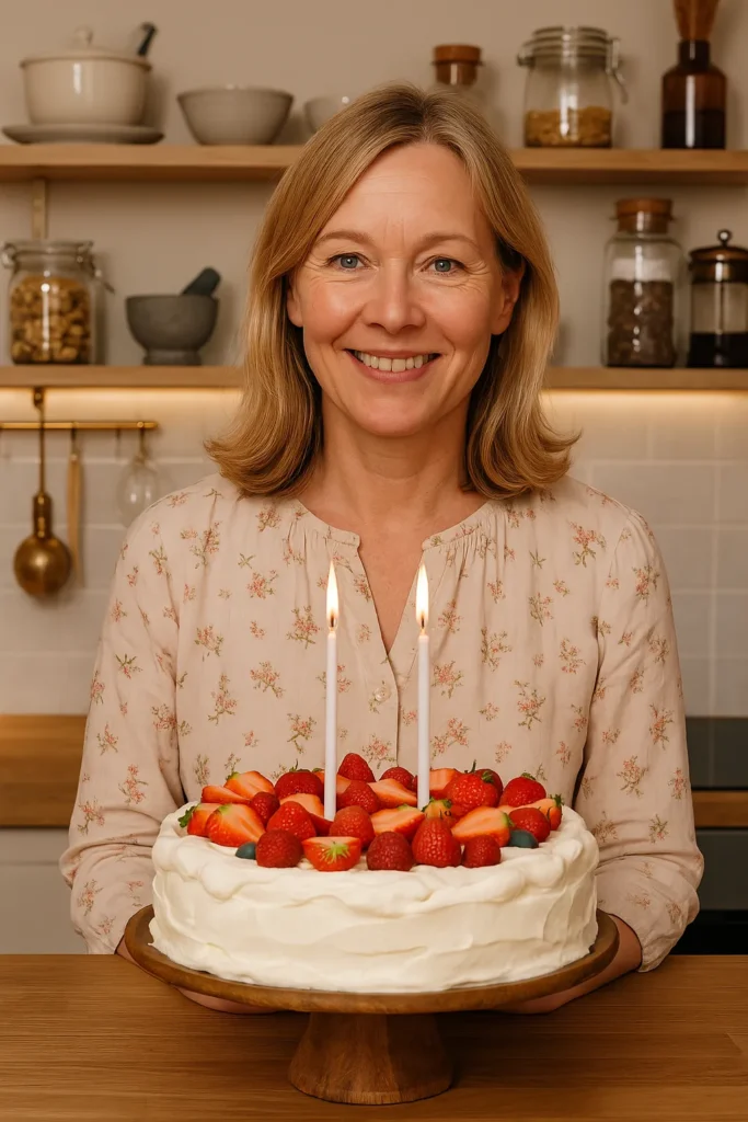 Classic strawberry birthday cake topped with whipped cream, fresh strawberries, and blueberries, with two lit candles, displayed on a wooden cake stand in a warm, cozy kitchen.